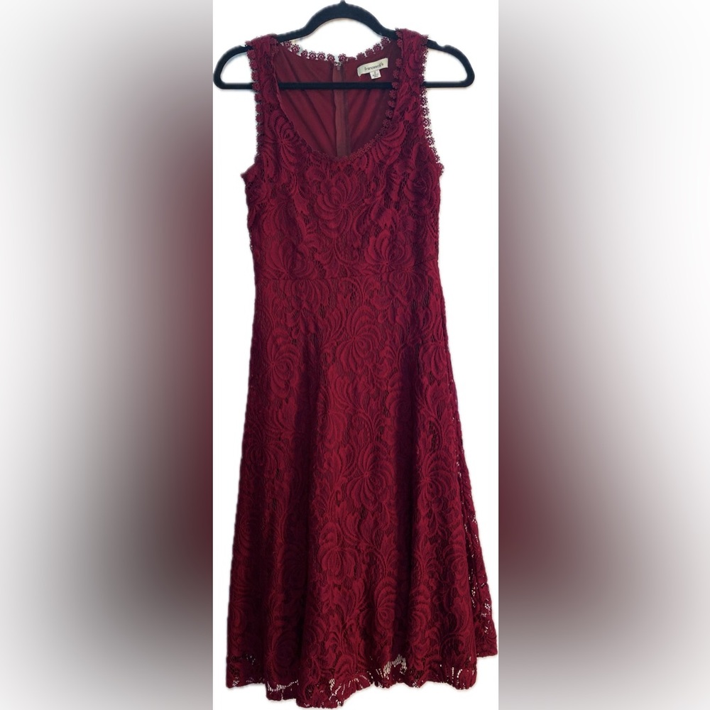 Francesca’s Collections burgundy fit and flare floral lace dress, size M